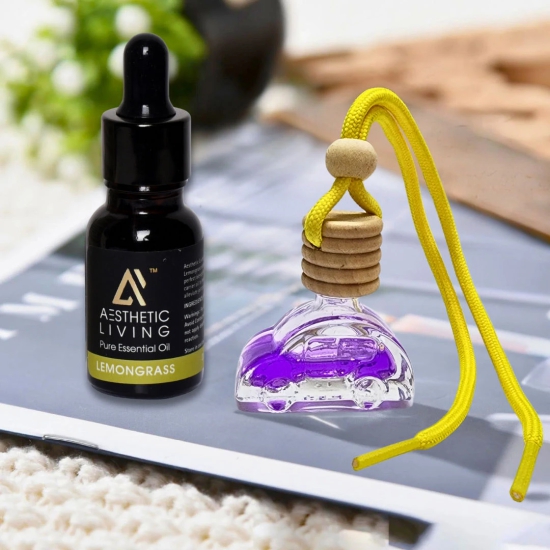 Aesthetic Living Car Aromatizer Diffuser Bottle with Essential Oil (Car Shape Bottle -10 ml + Lemongrass Essential Oil, 15 ml)