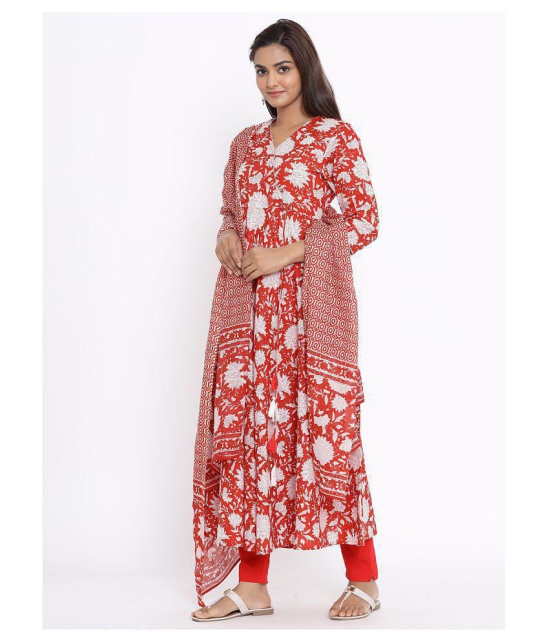 miravan Red Cotton Anarkali Kurti - L