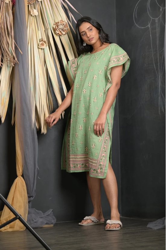 OWO THE LABEL Floral Print Light Green Color Kaftan With Designer Border (OTL-KFTN-1002)-Green / XL