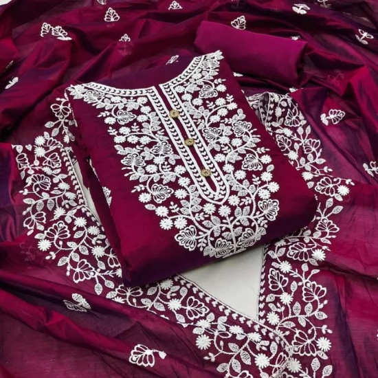 Unstitched Chanderi Salwar Suit Material Embroidered