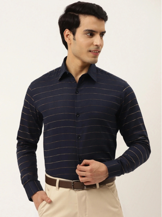 Indian Needle Mens Formal Cotton Horizontal Striped Shirt-S / Navy-Blue