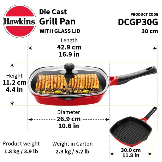 Hawkins 30 cm Grill Pan, Non Stick Die Cast Grilling Pan with Glass Lid, Square Grill Pan for Gas Stove, Ceramic Coated Pan, Roast Pan (DCGP30G) (Red)