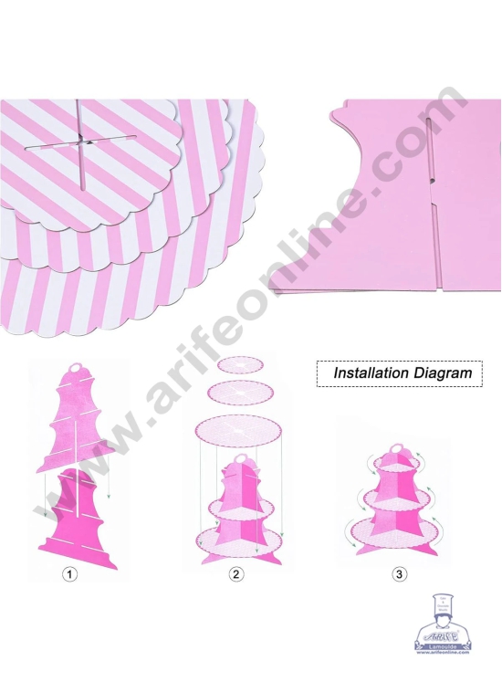 Cake Decor™ 3 Tier Stripe Cardboard Cupcake Stand - (1 Piece)-PINK