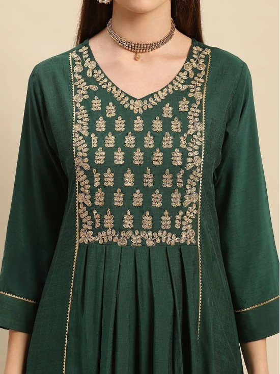 Rangita Women Viscose Blend Green Yoke Embroidered Calf Length Partywear Flared Kurti - None