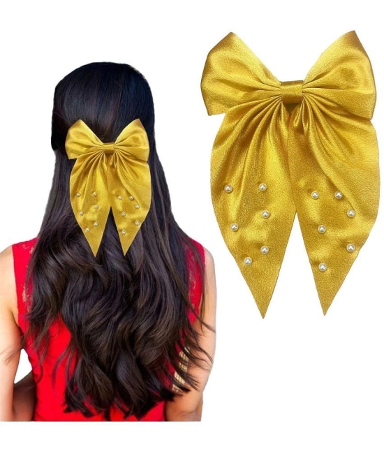 Lykaa Large Satin Hair Bow with Pearls Longtail Clips Hair Accessories for Women -1 Pcs (Multicolor) - Mustard