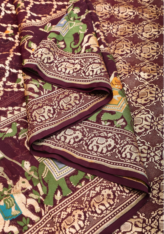 Meenakari Pure Silk Georgette Saree in Brown with Royal Procession in Border | SILK MARK CERTIFIED