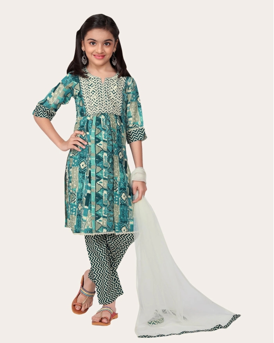 Printed Emroidered Kurta Bottom Dupatta Set for Girls-Sky Blue / 9 - 10 Years