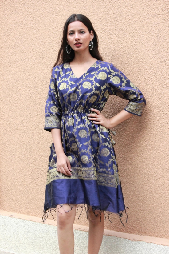 Navy Blue Gold Banarasi Silk Kaftan Dress-M