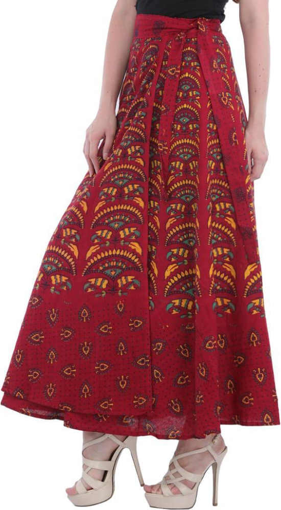 Biking-Red Wrap-Around Printed Long Skirt from Pilkhuwa