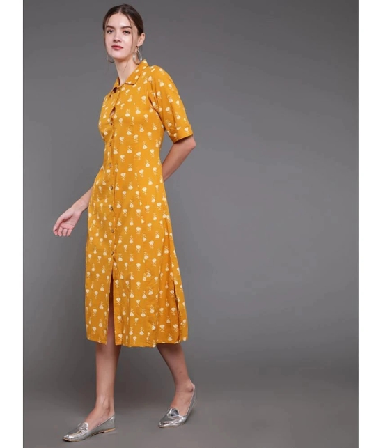 Antaran Cotton Printed Midi Womens Shirt Dress - Yellow ( Pack of 1 ) - None