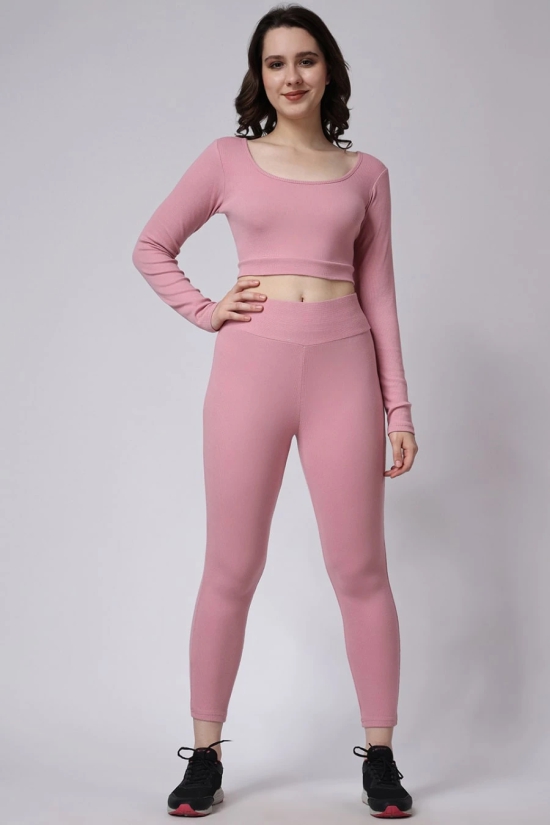 Womens Pink Gym Co-Ord Set Leggings & Full Sleeves Crop Top-XL / Pink