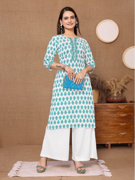 Rangita Women Cotton Turquoise Embroidered Knee Length Straight Kurti - None