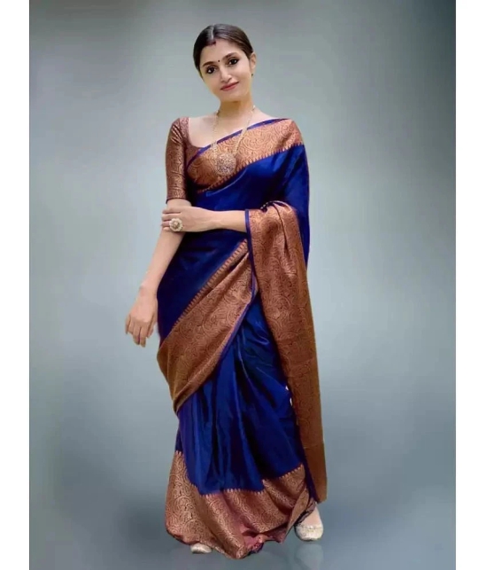 Gazal Fashions Banarasi Silk Embellished Saree With Blouse Piece - Navy Blue ( Pack of 1 ) - Navy Blue