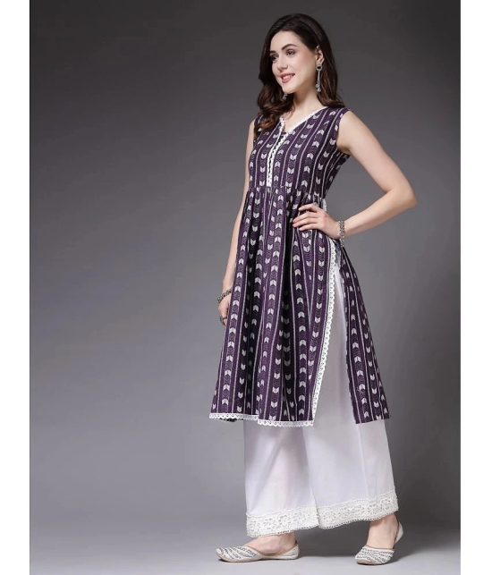 Stylum Cotton Blend Printed A-Line Womens Kurti - Purple ( Pack of 1 ) - None