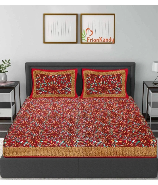 FrionKandy Living Cotton Abstract Double Bedsheet with 2 Pillow Covers - Red - Red