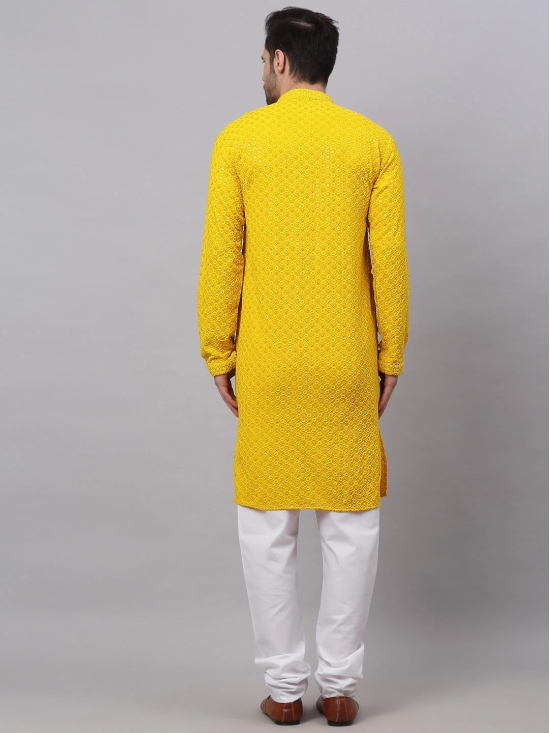 Men Yellow Chikankari Embroidered and Sequence Kurta with Churidar-S / Yellow