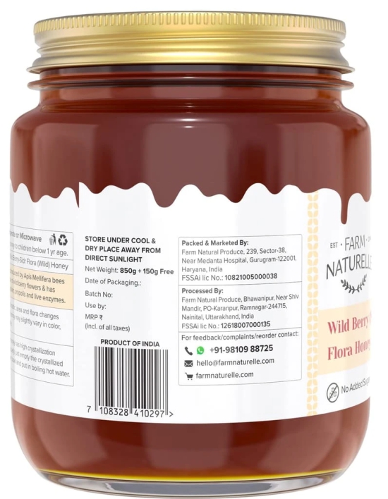 Farm Naturelle-Wild Berry (sidr) Flora Honey |850gm+150gm Extra and a Wooden Spoon|100% Pure, Raw Natural Un-Processed - Un-Heated Honey | Lab Tested Honey in Glass Bottle.