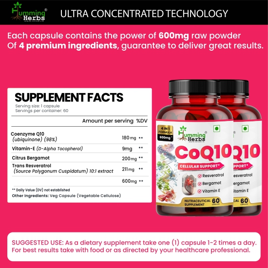 Humming Herbs CoQ10 600mg Cellular Support Supplement with Resveratrol, Bergamot & Vitamin E - Heart Health & Energy Booster - Antioxidan - Pack of 2