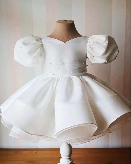 Cutedoll White Pearls Silk Kids Girl Frock Dress-18-24 Month