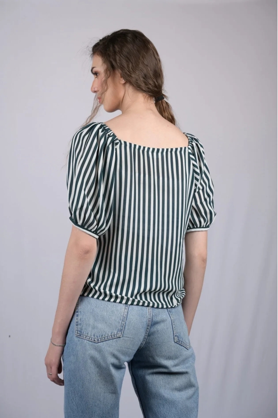 White and Green Striped Relaxed Fit V-Neckline Top (OTL-TPS1020)-Blue / S