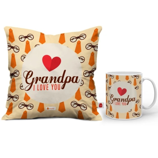 Indigifts Grandparents Anniversary Grandpa I Love You Quote Grandfathers Glasses Beige Coffee Mug & Cushion Cover 12x12 inch with Filler - Gift for Grandfather-Granddad-Birthday