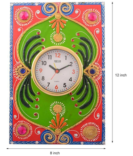 eCraftIndia Pink & Green Wooden Papier Mache Embossed Wall Clock