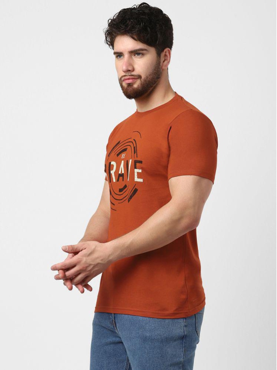 UrbanMark Men 100% Cotton Regular Fit Round Half Sleeves Text Print T Shirt -Rust - None