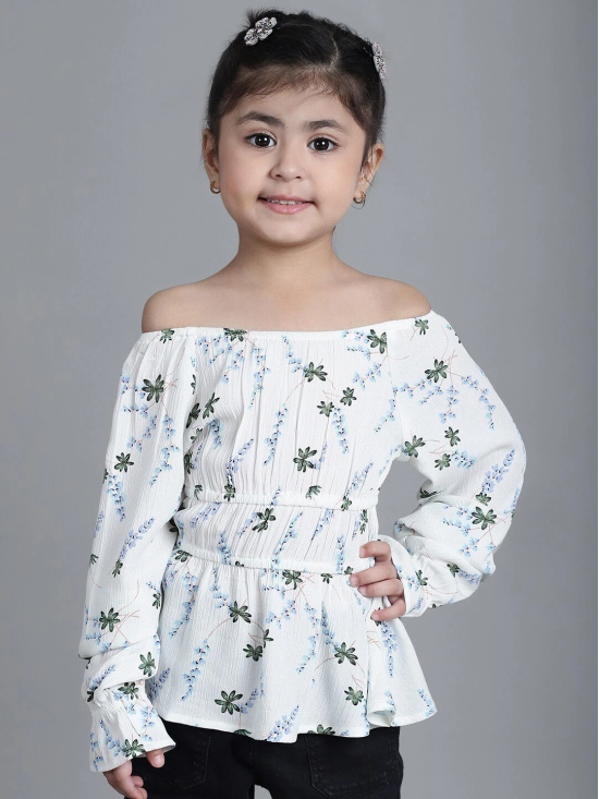 MINI & MING Girls Floral Printed Off-Shoulder Puff Sleeves Gathered Bardot Top