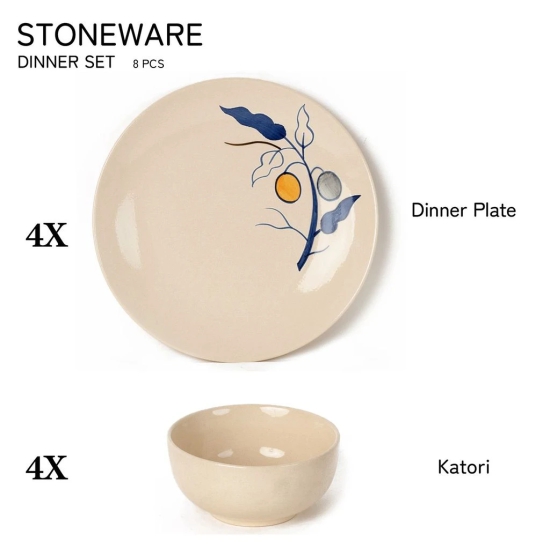 Handcrafted Stoneware Reactive Glaze Ceramic Dinner Set, 8 Pieces Serving for 4, Microwave and Dishwasher Safe, Bone-ash Free, Crockery Set for Dining and Gifting, Feather White