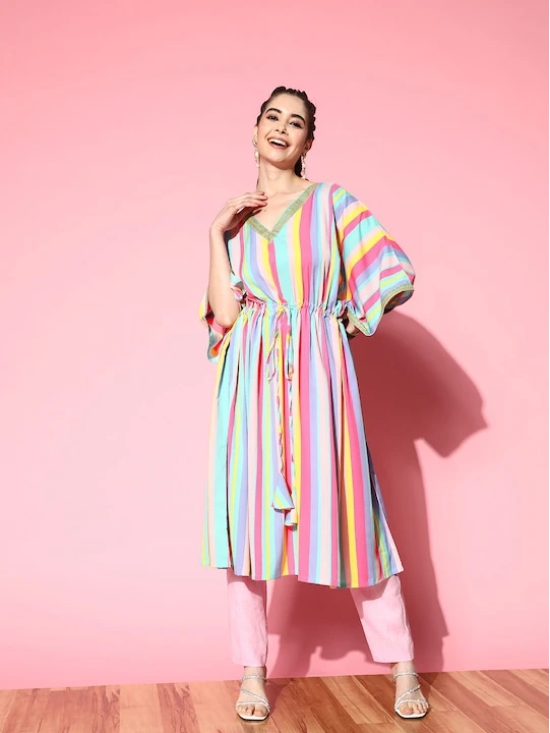 Women Striped Flared Sleeves Crepe Kaftan Kurta