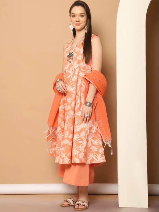 Printed orange flared kurta pallazos dupatta set-L / Orange