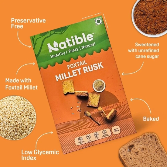 Natible Millet Rusk, Healthy Diet Toast | No Maida and Sugar | No Preservatives, Millet Toast Rusk Biscuit, 220 Gm