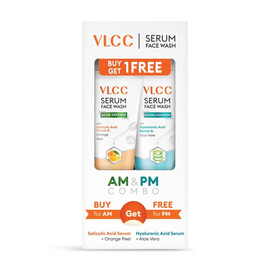 VLCC Salicylic Acid & Orange Peel Serum Facewash  - 150 ml for Deep Pore Cleansing for AM | with Free Hyaluronic Acid & Aloe Vera Serum Facewash  - 150 ml to Strengthen Skin Barrier for PM (B