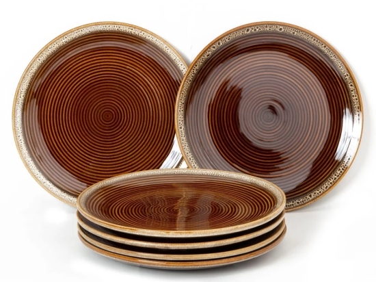 Handcrafted Reactive Glaze Ceramic Dinner Plates, 6 Pieces Serving for 6, Microwave and Dishwasher Safe, Bone-ash Free, Full Plate Set Crockery for Dining and Gifting, Peanut Brown