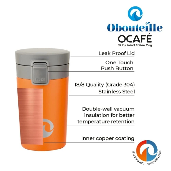 OBOUTEILLE OCafe Orange Coffee Mug Stainless Steel Vacuum Insulated 300 ml Leak Proof Travel Cup Tumbler Flask for School/Home/Kitchen/Office/Work/Gym/Exercise/Yoga/Camping/Boys/Girls/Kids/Adults