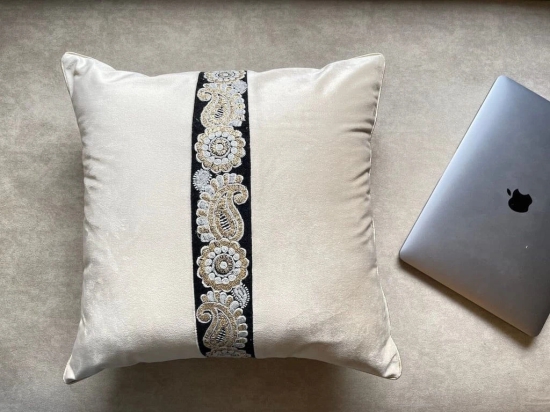 Bold Embroidered Lace Velvet Off-White Color Cushion Cover - 16x16 Size