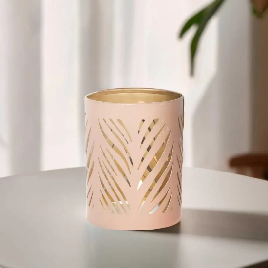 Jaali Leaf Metal Candle Holder Peach