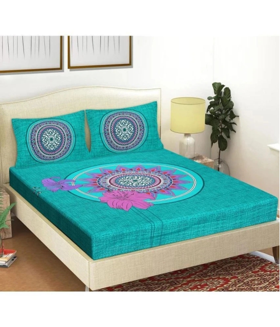 Frionkandy Cotton Queen Bed Sheet with Two Pillow Covers - Turquoise - Turquoise