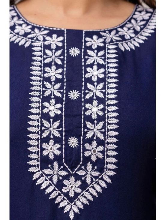 Frionkandy Rayon Embroidered Straight Womens Kurti - Navy ( Pack of 1 ) - None