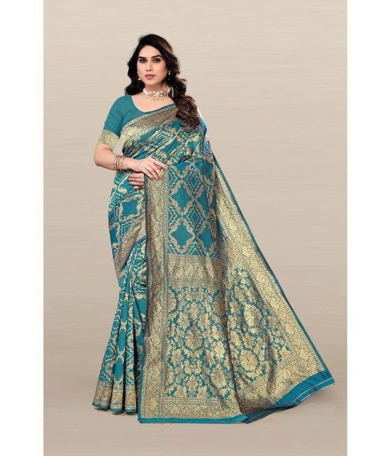 Om Shantam Sarees Banarasi Silk Embellished Saree With Blouse Piece - Turquoise ( Pack of 1 ) - Turquoise