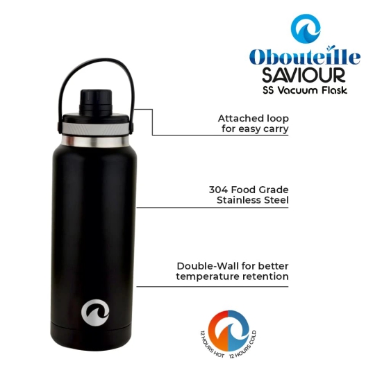 Obouteille Saviour Black Stainless Steel Vacuum Insulated 1 Litre Leak Proof Flask Water Bottle for School/Home/Kitchen/Office/Work/Gym/Outdoor/Exercise/Yoga/Camping/Boys/Girls/Kids/Adults