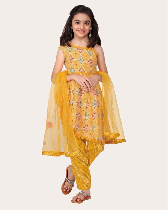 Designer Cotton Print Work Kid Top Bottom With Dupatta Yellow-Yellow / 5 - 6 Years