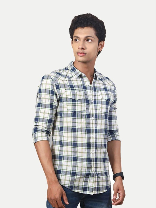 Men White Long Sleeves Checked Casual Shirt