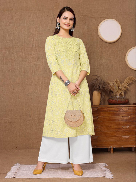 Rangita Women Rayon Yellow Embroidered Calf Length A-line Kurti - None