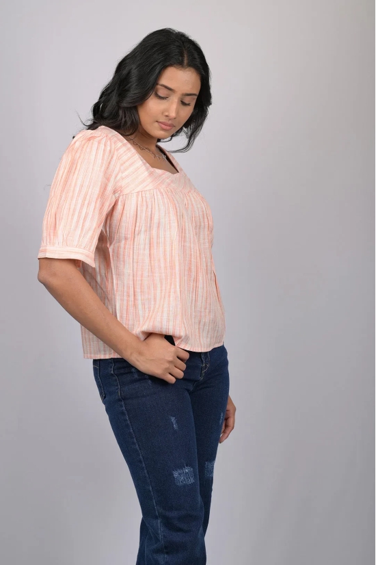 Party wear magic cotton top for women Light Orange Striped Top With Square Neck (OTL-TPS1071)-Orange / XL