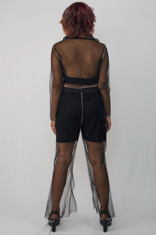 Mesh overlocked shirt with front slit pants-Black / XXL