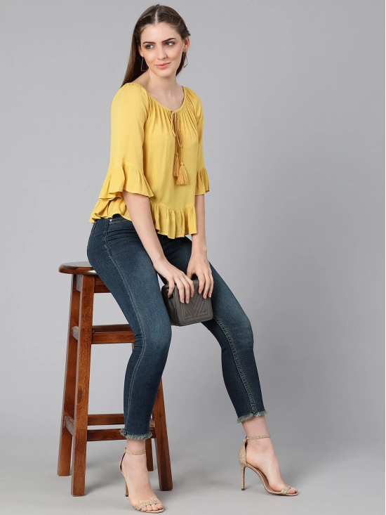 Oxolloxo Yellow Tie-Up Neck Ruffles Crepe Top