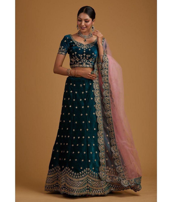 Estela Blue Velvet Chaniya Choli Semi Stitched Lehenga - Free Size