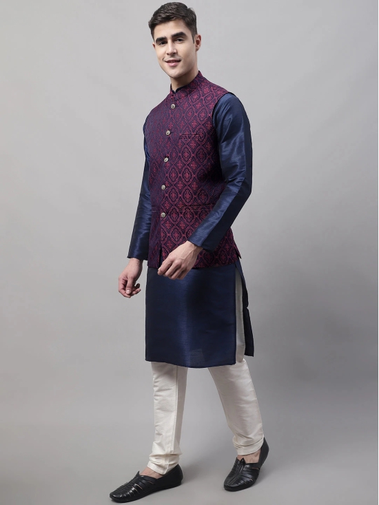 Men Navy Blue Solid Kurta Pyjama with  Maroon Woven Design Nehru Jacket-XL / Maroon