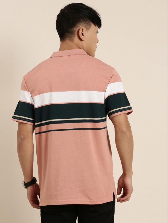 JOVEN Men Light Orange Striped Polo Collar T-Shirt-S / Light Orange